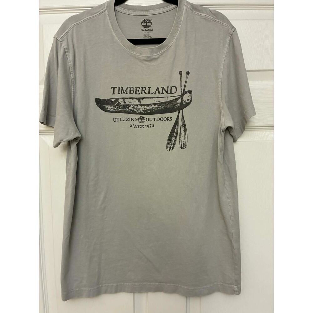 Timberland Graphic T-Shirt Mens L Gray Canoe Logo Cotton Short Sleeve Casual Tee